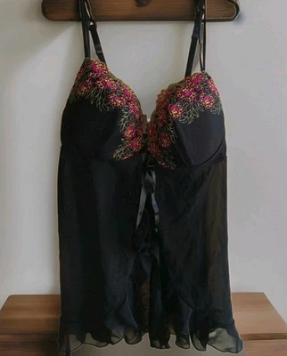 Cacique Plus Size Black w/Pink Floral Babydoll Nightgown Teddy 18/20 - Image 1 of 4