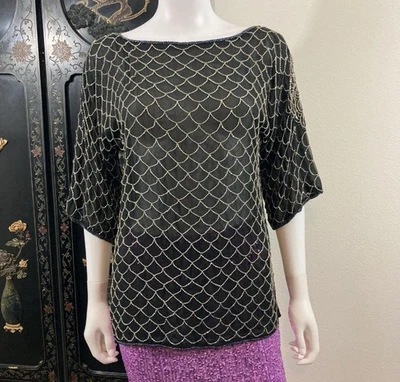 Beaded 100% Silk Blouse, Vintage Shomax Black and Silver Top, Size Small - Image 1 of 4