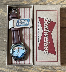 Vintage Budweiser Watch Parachute Clouds Leather Band 90s Wristwatch - Picture 1 of 4