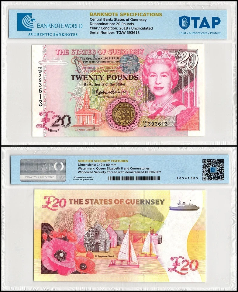 Guernsey 20 Pounds, 2018, P-63, UNC Commemorative, Authenticated - Image 1 of 1