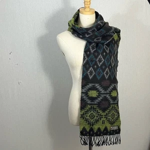 100% Kaschmir Made in Scotland Azteken Geometrisch Muster Schal Grün Blau Fransen - Bild 1 von 4