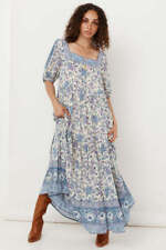 SPELL & THE GYPSY Sky Blue Floral Folk Song Square Neck Gown Size M