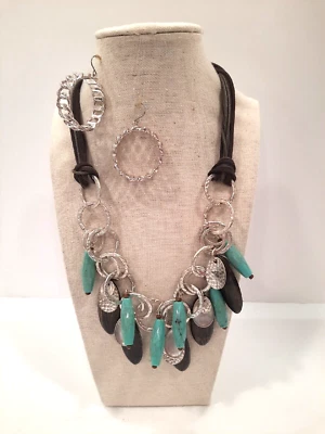 Silver Turquoise Wood Leather Fun Costume Necklace and Earring set 19" - Image 1 of 4