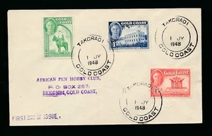 GOLD COAST 1948 FIRST DAY COVER 1/2d 1d 1 1/2d TAKORADI LARGE DOUBLE RING PMKS - Picture 1 of 1