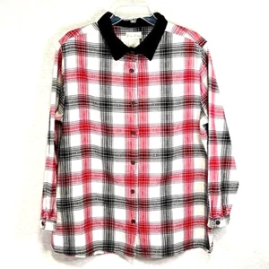 BOBBIE BROOKS Button Up Shirt Womens 14 Velvet Collar Red Plaid Grannycore Cozy - Picture 1 of 11