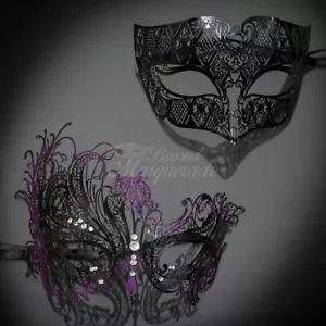 Couple Masquerade Masks | Classic Masquerade Masks Black/Purple Glitter - Bild 1 von 4