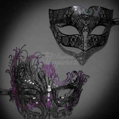 Couple Masquerade Masks | Classic Masquerade Masks Black/Purple Glitter - Image 1 of 4