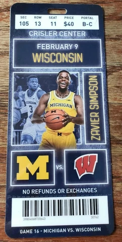2018-2019 Michigan Wolverines vs Wisconsin Badgers Basketball Plastic Ticket Cover