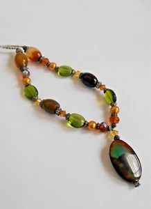 VINTAGE BOHO MULTICOLOR EARTH TONES GLASS & CRYSTAL BEAD NECKLACE 18" - Picture 1 of 3