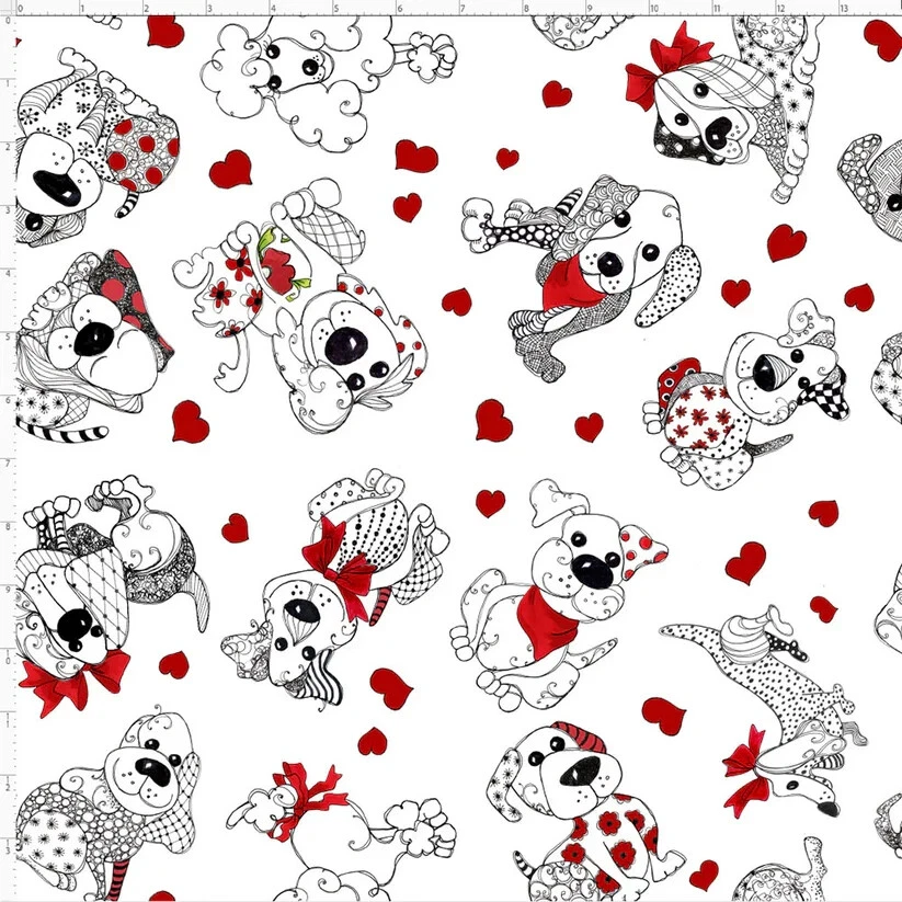 LORALIE DESIGNS Loralie PUPPY LOVE Tossed White Quilt Fabric #692-677 Sold by 1/2 Yard