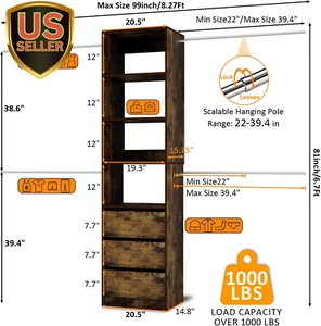 Closet System, 5FT-8FT Closet Organizer System with 3 Wooden Drawers, 99" Wal... - Picture 1 of 9