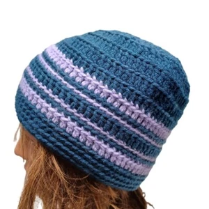 Handmade Unisex One Size Blue & Light Purple Knit Beanie Winter Hat Ski Snow - Picture 1 of 5
