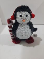 Tinsel 3D Penguin W/ Candy Cane Christmas Decoration 11" Tall W/ Ear Muffs, 