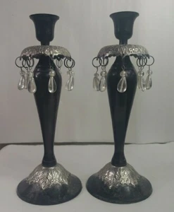 Metal Candle Sticks w/ Hanging Glass Beads Vintage Style 9" Set Of Two - Picture 1 of 7