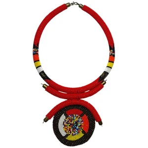 Collar gargantilla colgante con cuentas de semillas africanas rojo amarillo negro joyería tribal - Imagen 1 de 7