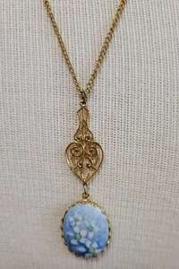 Hand Crafted Painted Porcelain Pendant Necklace Goldtone Blue 24" Long  - Picture 1 of 6