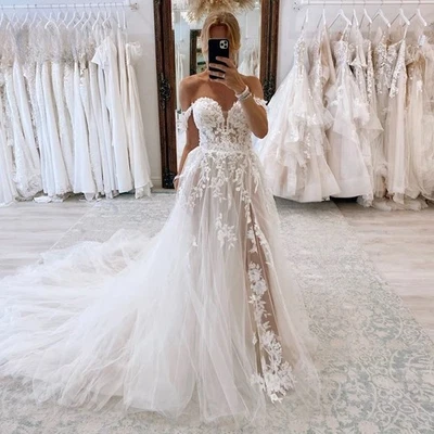 Modern Off shoulder Wedding Dresses for Bride Sweetheart Appliques Court Train  - Image 1 of 4
