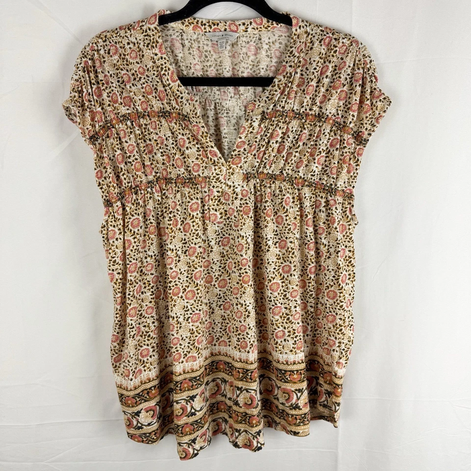 Top Lucky Brand Talla 1X Cuello en V Floral Boho Cottagecore Campesino Mezcla de Algodón Foto 1 de 4