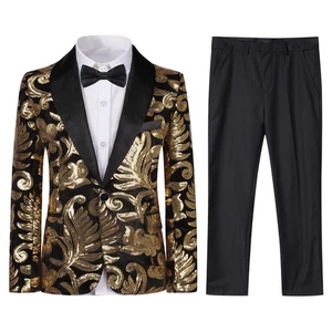 Boys 2-Piece Shiny Tuxedo Set, Paisley Blazer, Sequin Collar, Formal Suit Pants - Picture 1 of 7