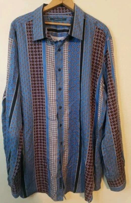 Camisa Perry Ellis Para Hombres 2X Azul Rayas Geométricas Abotonadas Manga Larga Lyocell  Foto 1 de 4