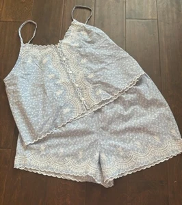 Joie Womens Blue Embroidered Pajama Set Shorts Top New Lace Detail Cotton Sz M - Picture 1 of 4