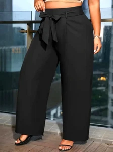 Women's Plus Size Casual High Waist Straight Leg Pants with Pockets & Belt - Picture 1 of 4