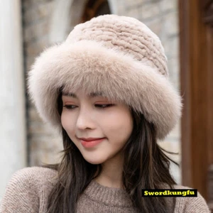 Damen Winter Kaninchenfell Strick mit Fuchspelzkrempe Zylinder Mütze Warm Mode Pelzmütze - Bild 1 von 17