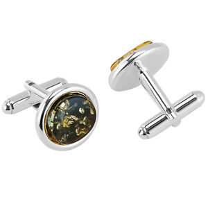 925 Solid Pure Sterling Silver Special Cut Green Baltic Amber Round Cufflinks