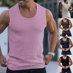 Men's Sleeveless Wide Shoulder Knit Striped Fitness Sports Tank Top for Men - Picture 1 of 23