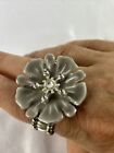 Gray Flower Two Finger Ring Enamel With Stretchy Band Vintage Silver 1.5”