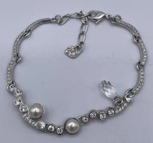 Genuine Swarovski Swan Signed Silver Tone Crystal and Faux Pearl Bracelet - Picture 1 of 3