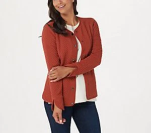 Isaac Mizrahi Live! - Knit Jacquard Snap Front Bomber Jacket - Auburn - Picture 1 of 7