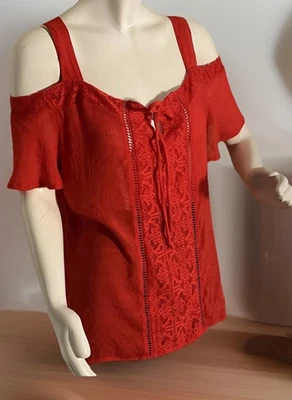 Per Setion Concept Women’s Top Red Size XL Cold Shoulder Crochet Lace Eyelet - Image 1 of 4