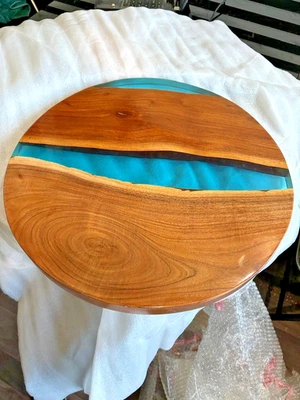 Blue Live Edge Round Walnut Epoxy Resin Tabletop Custom Handmade Study Table - Image 1 of 4
