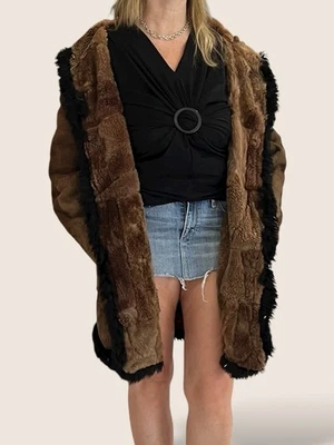 Vintage 90s Boho Hooded Sheepskin Shearling Afghan Penny Lane Brown Coat size 12 - Image 1 of 4