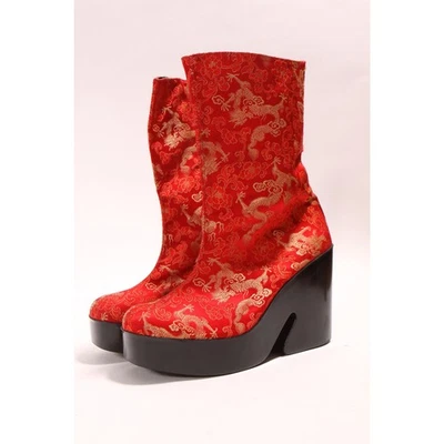 1990s Red Gold Black Satin Chinese Dragon Platform High Heel Boots by Scibba -9M - Image 1 of 4