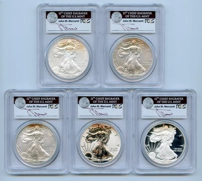 Juego de 5 monedas American Silver Eagle 2011 de $1 graduación profesional MS70 y Pr70 - firmadas por Mercanti Foto 1 de 2