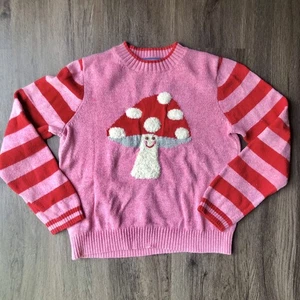 Mini Boden Toadstool Sweater Jumper Size 9/10 Pink Red Bright Whimsical Woodland - Picture 1 of 8
