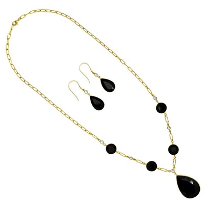 Juego de aretes collar oro 18K sobre latón ónix negro y topacio azul cielo TT01003 Foto 1 de 3