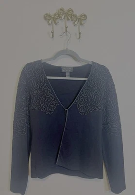 Spenser Jeremy Black Knit Cardigan. Ribbon detailing on shoulders. Size L - Image 1 of 4