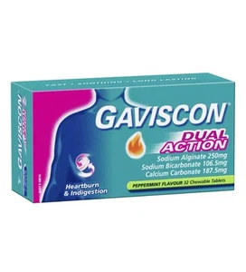 Gaviscon Dual Action 32 Chewable Tablets - Peppermint Heartburn Indigestion - Picture 1 of 2