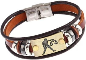 12 Constellation Leather Bracelet Retro Leather Stainless Steel Zodiac Cuff Bang - Picture 1 of 12