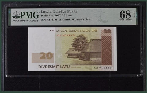 Latvia 20 Latu 2007 P 55 a Superb Gem UNC PMG 68 EPQ Top Pop Cover