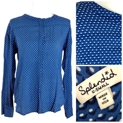 SPLENDID Long Sleeve Button Up Geo Dot Print Blue White Black Boat Neck XS - Image 1 of 4