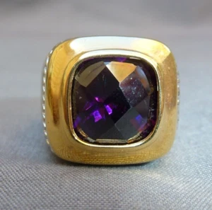 Sterling 925 Square Amethyst CZ with Gold Huge Ring - Picture 1 of 10