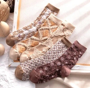 Womens Two Or Three Pairs Vintage Trendy Embossed Floral Crew Socks Brown Beige - Picture 1 of 22