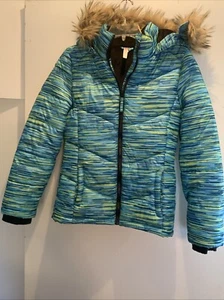 Girls SO Puffer jacket blue and green removable hood XXL Sz 16 fux Fur &fleece - Picture 1 of 11