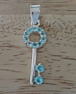 Sterling Silver 27x10mm Skeleton Key with Turquoise Blue Crystals Charm - Picture 1 of 3