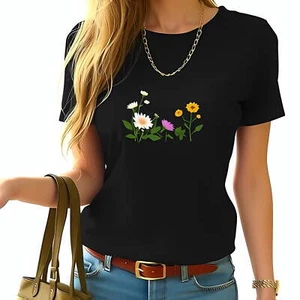 Women's Relaxed Fit Black T-Shirt with Pastel Floral - Soft Blend -All cotton - Picture 1 of 4
