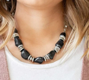 Paparazzi black stones necklace set Stunningly Stone Age Rhinestone - Picture 1 of 1